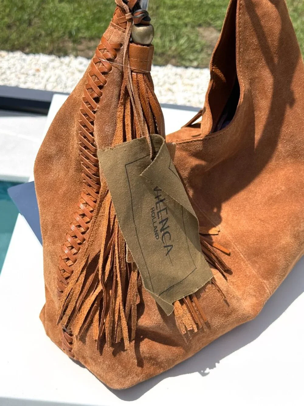 Vilenca Holland Suede Slouchy Hobo Shoulder Bag Cognac Boho Whipstitch Tassl NWT